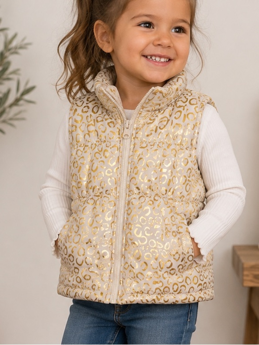 healthtex Cream Puffer Vest with Gold Leopard Print